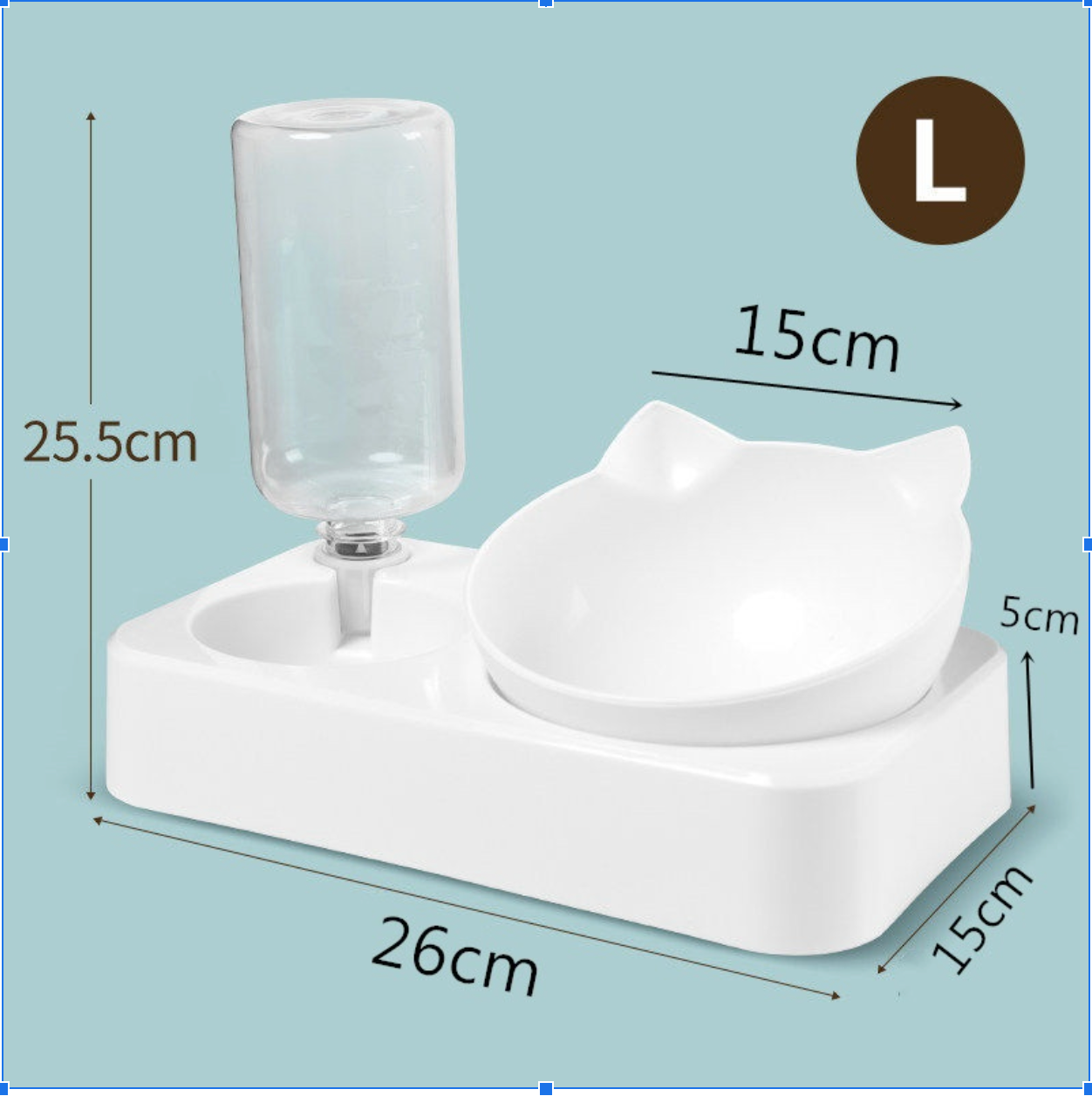 Double Cat Bowls with Auto Water Bottle – Raised & Tilted