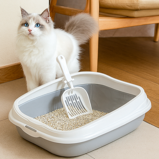 White and Grey Cat Litter Box with Scoop Indoor Ragdoll Cat Demonstrating Easy Cleaning Setup