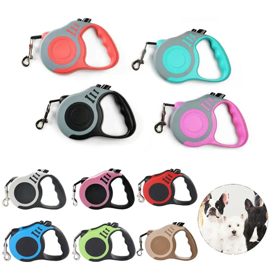 Collection of colorful retractable dog leashes in various handle colors and grip styles with small dog photo inset for reference