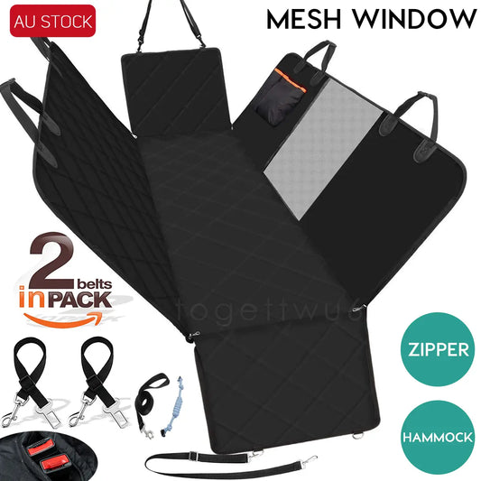 Black dog car seat cover with mesh window, zipper sides, hammock design, and 2 safety belts – AU stock