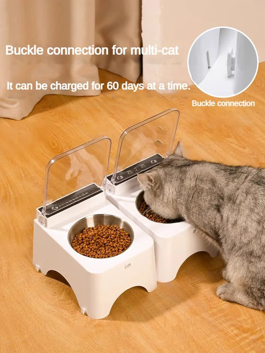 Dual Smart Cat Feeder with Buckle Connection – 60-Day Rechargeable Battery & Auto Sensor Lid for Multi-Cat Feeding
