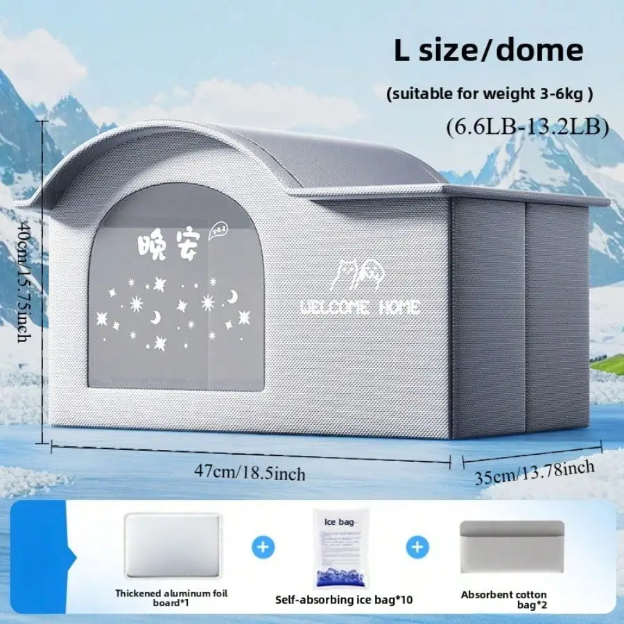 Large Dome Cooling Pet House – 47x40x35cm for Pets 3–6kg with Ice Bags, Aluminum Liner & Absorbent Cotton Pads