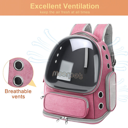 Pink bubble cat backpack with transparent dome and breathable side vents, featuring airflow graphics and mooppet logo branding