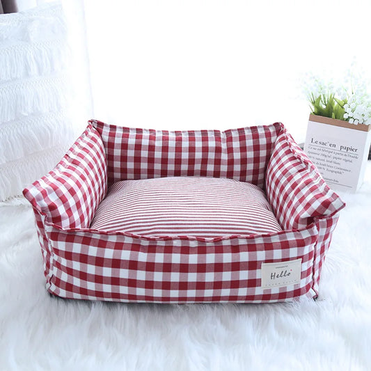 Red plaid indoor dog and cat bed with striped cushion for small pets