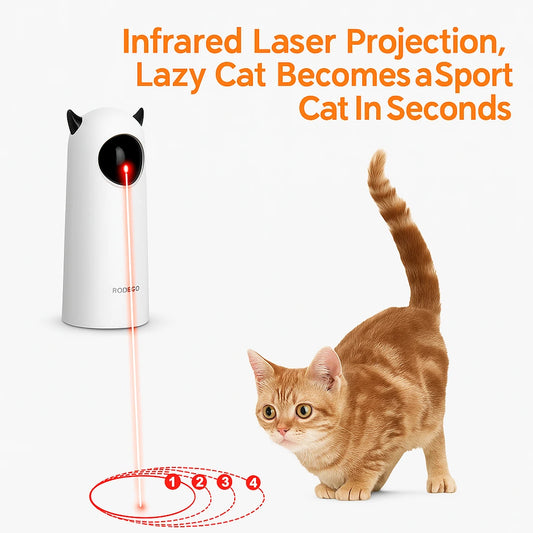 ROJECO infrared cat laser toy in action with orange tabby playing interactive chaser on white background