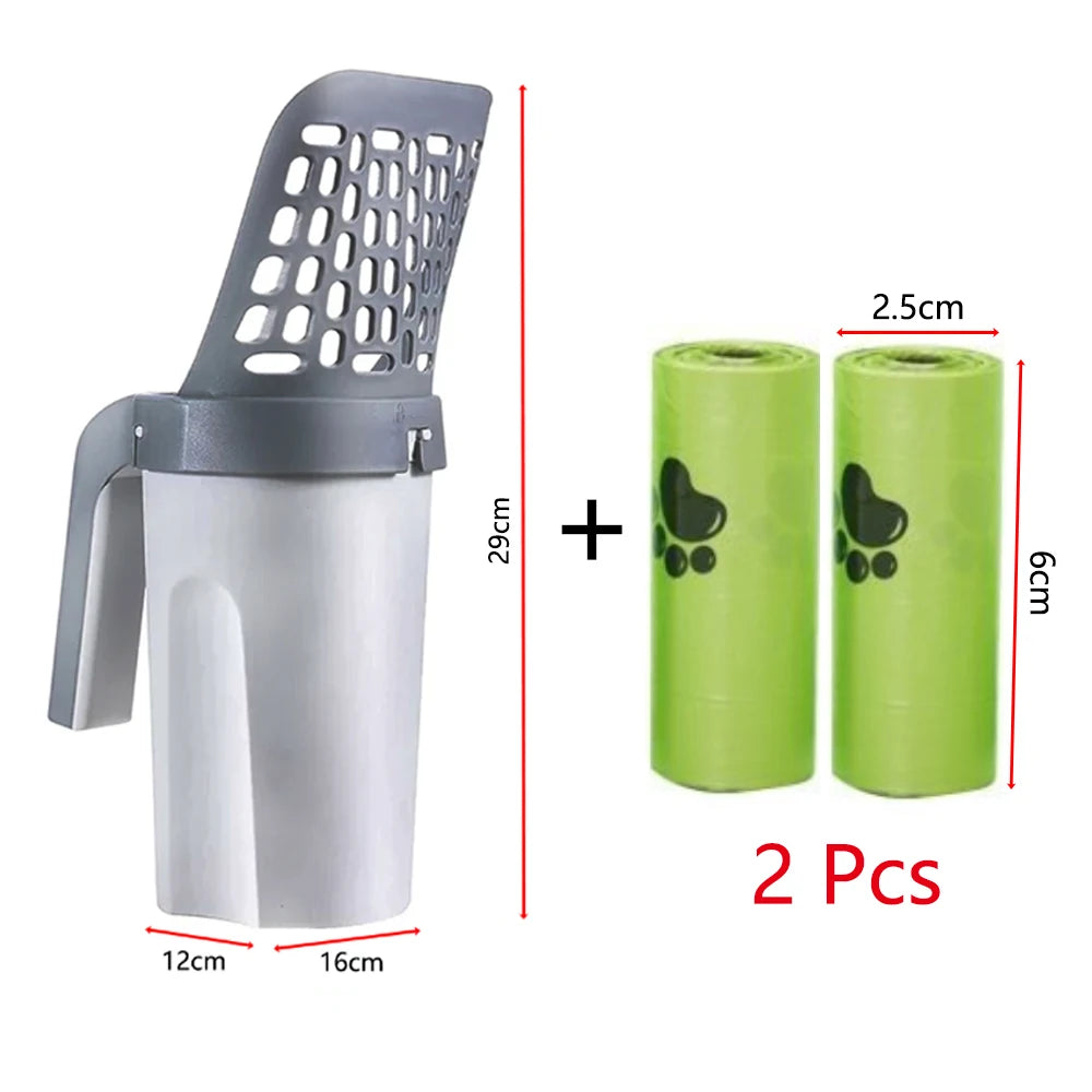Self-Cleaning Cat Litter Scoop with Built-In Waste Box and 2 Rolls of Eco-Friendly Pet Waste Bags – Compact Sifting Design