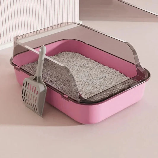 Semi-Enclosed Pink Cat Litter Box with Transparent Shield and Scoop – Ideal for Kittens and Small Pets