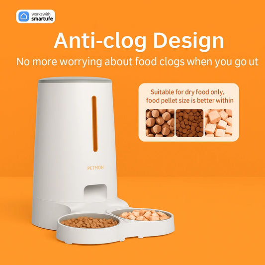 Automatic pet food dispenser with anti-clog dry food design and dual bowls on orange background