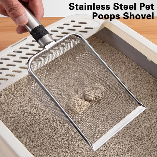 Stainless Steel Cat Litter Scoop in Use – Heavy Duty Poop Sifter with Non-Slip Handle for Easy Clump Removal