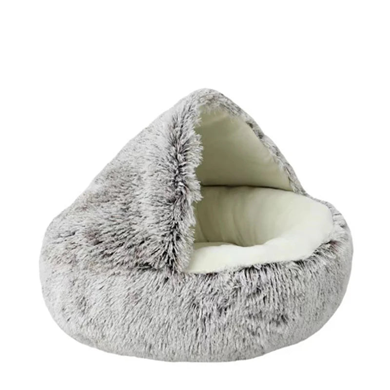 Round Plush Hooded Cat & Small Dog Bed – Cozy Cave