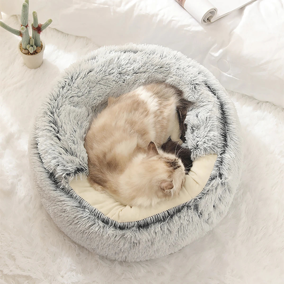 Round Plush Hooded Cat & Small Dog Bed – Cozy Cave