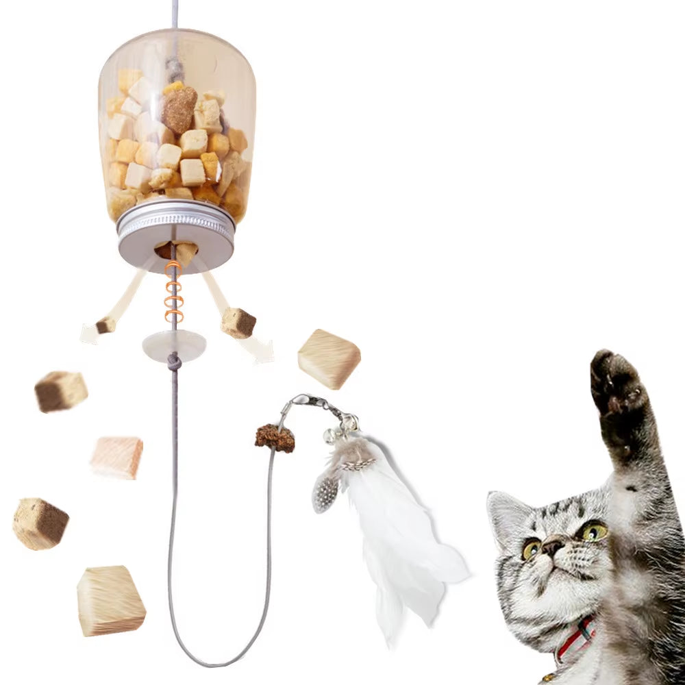 Interactive Cat Toy with Feather, Bell & Food Dispenser
