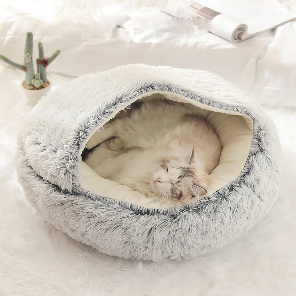 Round Plush Hooded Cat & Small Dog Bed – Cozy Cave