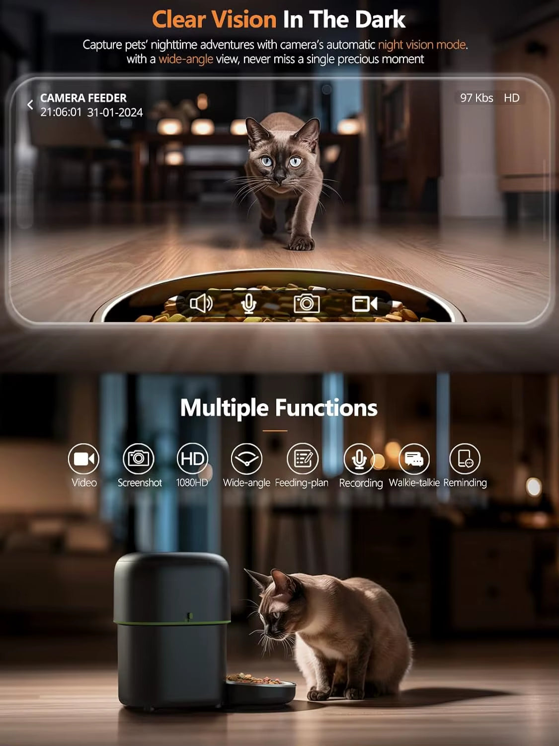 Cat Feeder 5GWIFI with 1080P Camera Cat Food Kibble Dispenser Auto Feeder for Cats Dry Food Accessories