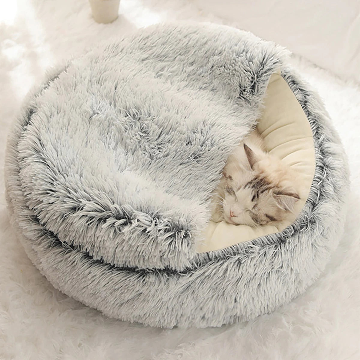 Round Plush Hooded Cat & Small Dog Bed – Cozy Cave