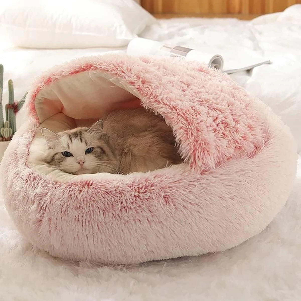 Round Plush Hooded Cat & Small Dog Bed – Cozy Cave