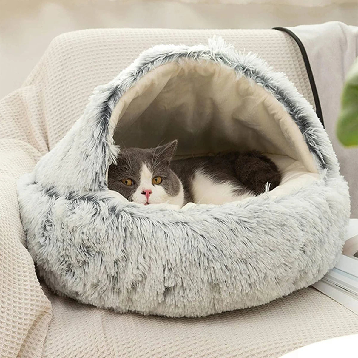 Round Plush Hooded Cat & Small Dog Bed – Cozy Cave