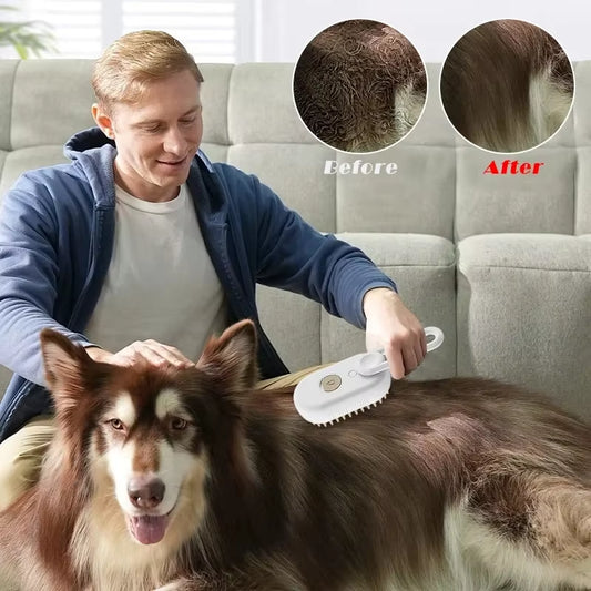 Man grooming dog with electric pet brush – before and after shedding hair removal result