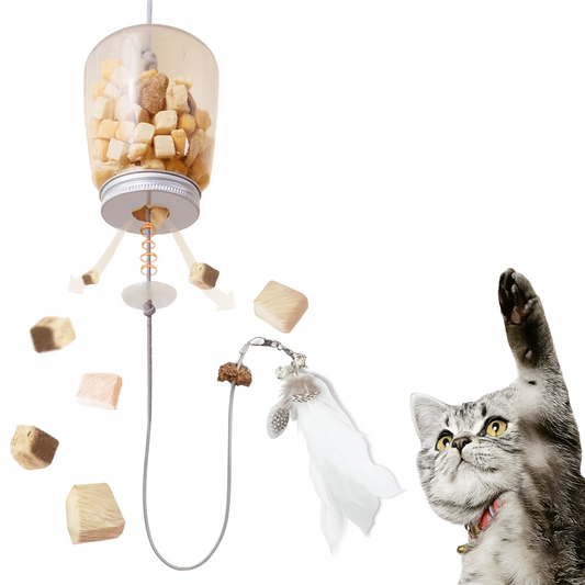 Interactive Cat Toy with Feather, Bell & Food Dispenser