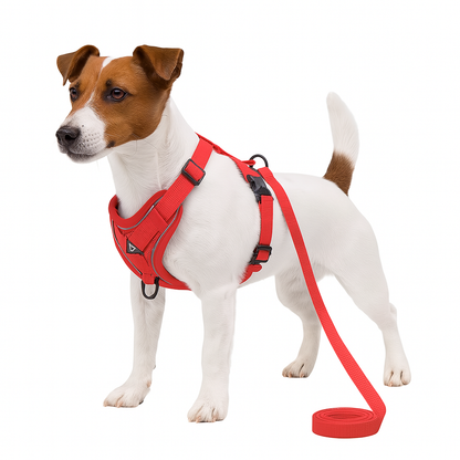 Jack Russell Terrier in red dog harness with leash – front clip walking set