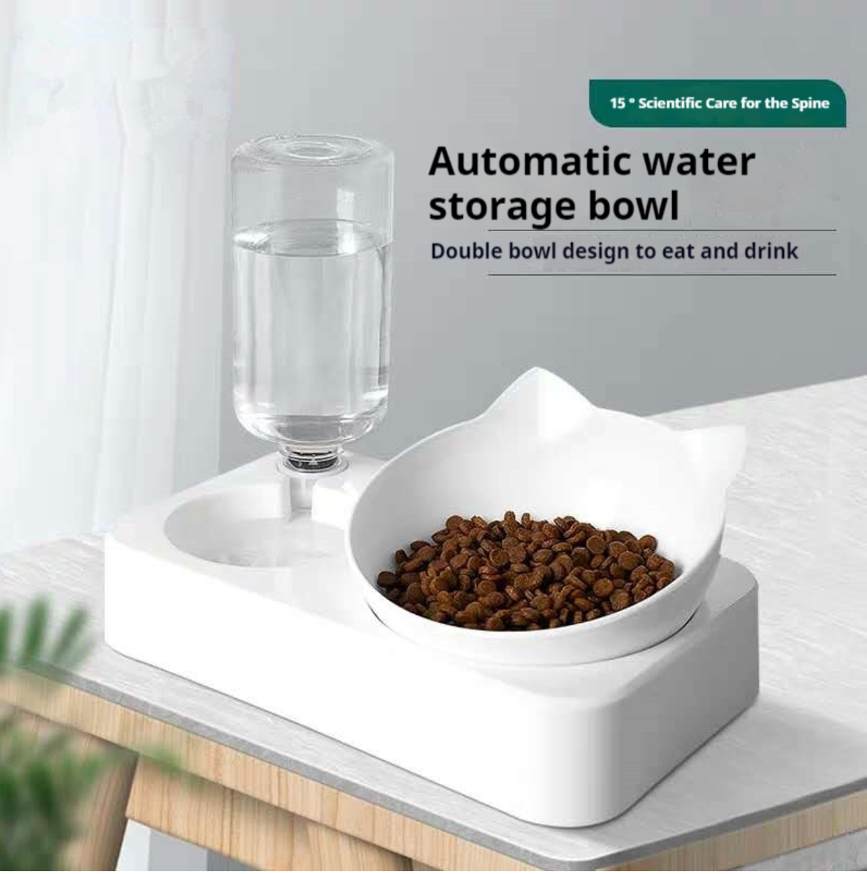 Double Cat Bowls with Auto Water Bottle – Raised & Tilted