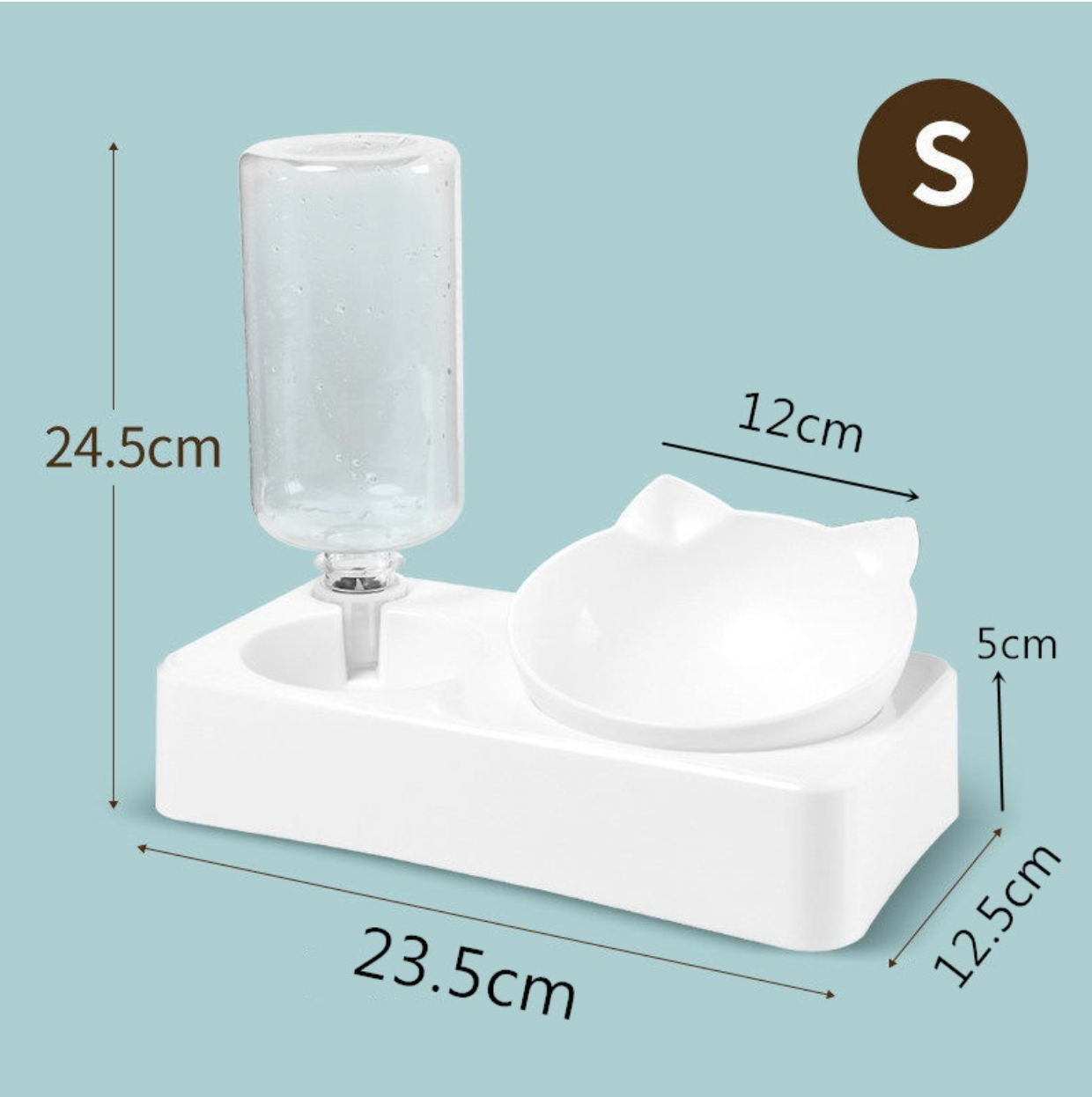 Double Cat Bowls with Auto Water Bottle – Raised & Tilted