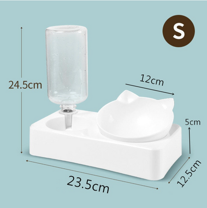 Double Cat Bowls with Auto Water Bottle – Raised & Tilted