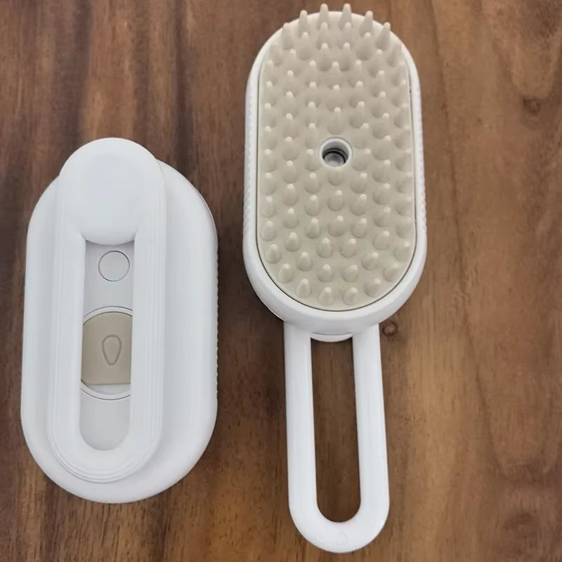 Pet grooming brush with cream silicone bristles – anti-slip handle and retractable pin design