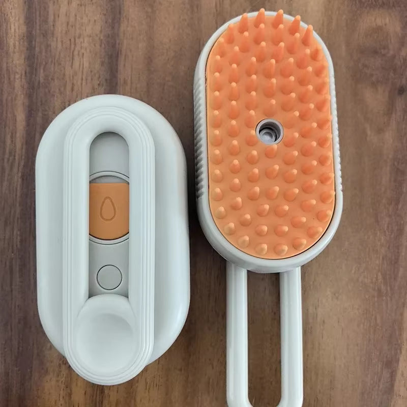 Self-cleaning grooming brush with orange silicone bristles – ergonomic grip for pets