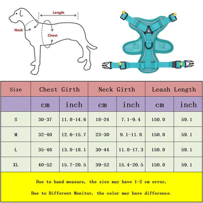 Dog harness size chart with chest, neck girth, and leash length in cm and inches