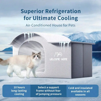 Air-Conditioned Pet House for Cats, Insulated Cooling Shelter with 10-Hour Cold Retention and Jump-Proof Frame