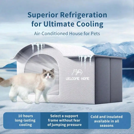 Air-Conditioned Pet House for Cats, Insulated Cooling Shelter with 10-Hour Cold Retention and Jump-Proof Frame