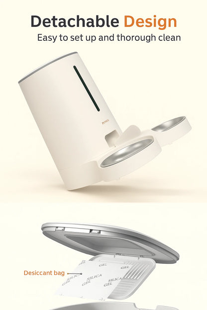 Automatic pet feeder with detachable dual stainless steel bowls and desiccant lid for easy cleaning