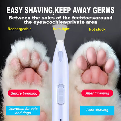 Cat Paw Hair Trimmer – Before & After Grooming with LED Light & Rechargeable Design