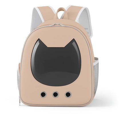 Beige pet carrier backpack with cat ear window and ventilation holes on white background