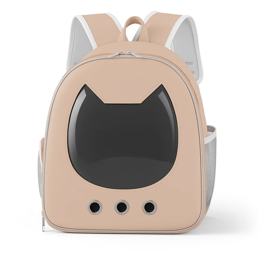 Beige pet carrier backpack with cat ear window and ventilation holes on white background