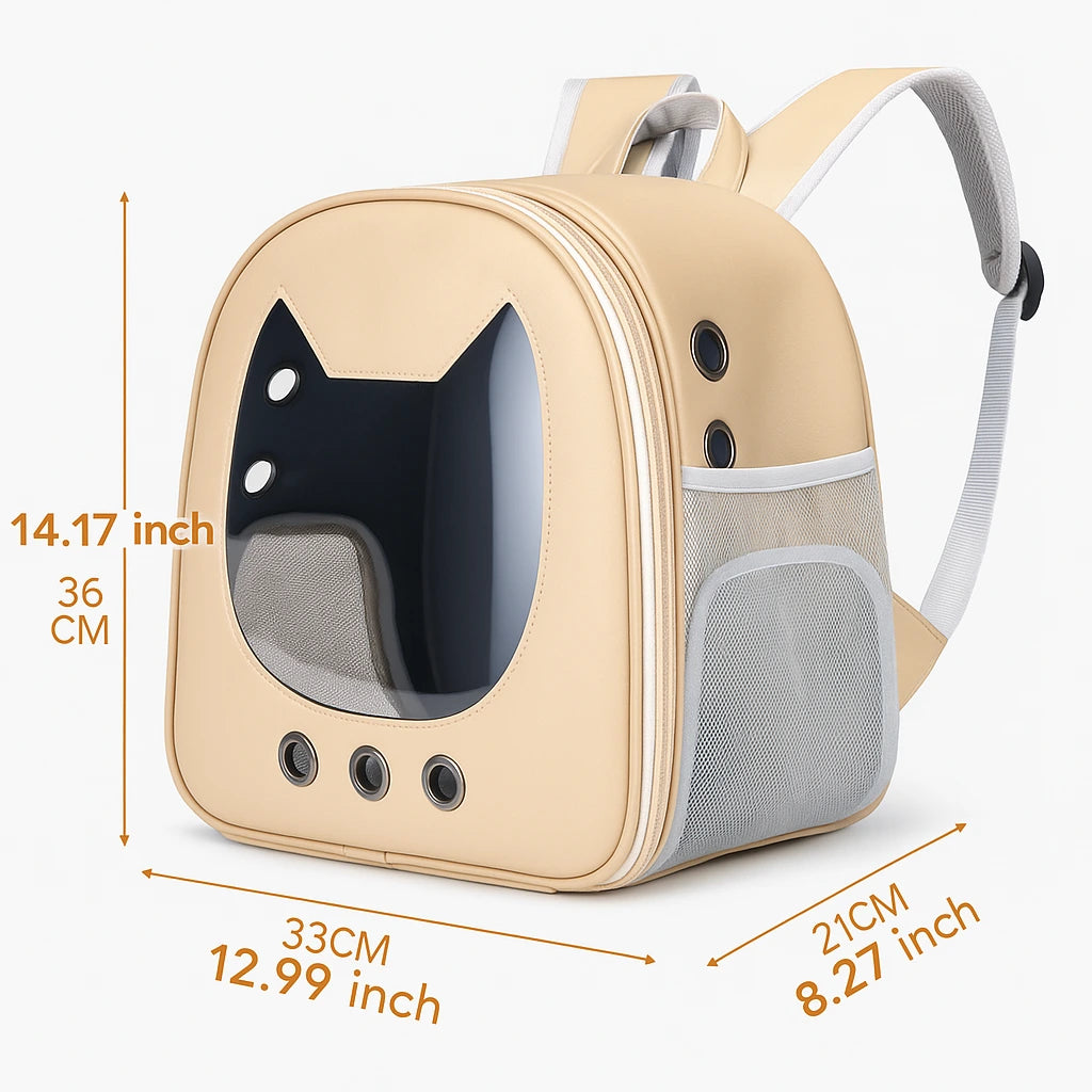 Beige pet backpack carrier with cat-shaped window, showing size dimensions 36cm x 33cm x 21cm on white background