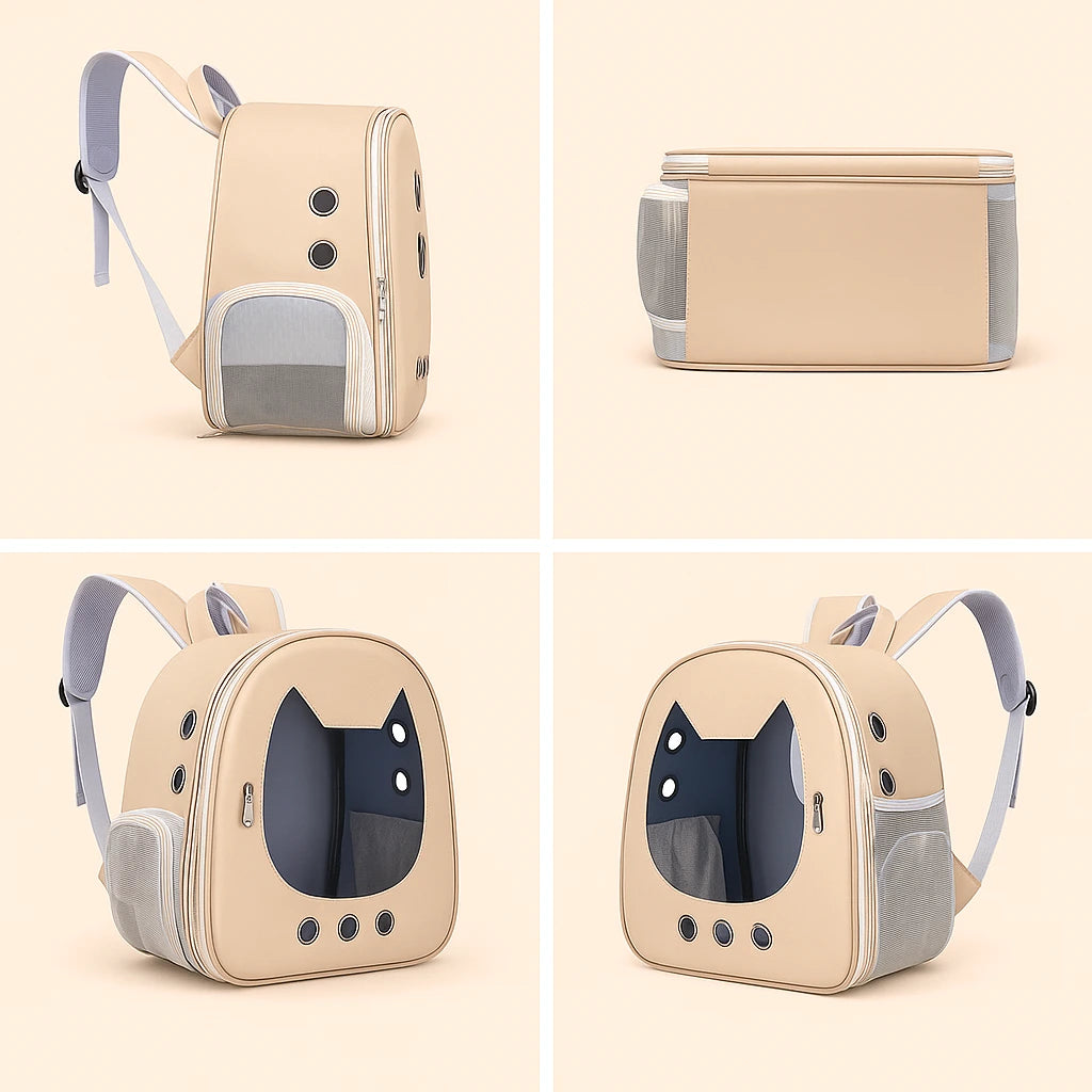 Beige pet backpack with cat-shaped window shown from four angles — front, side, back, and base — on beige background