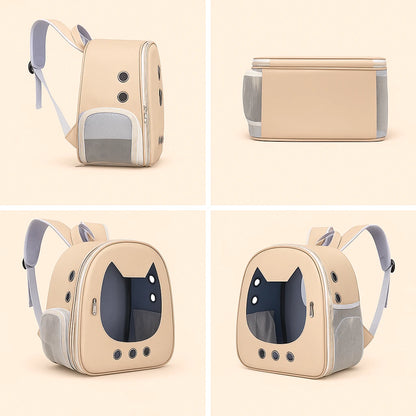 Beige pet backpack with cat-shaped window shown from four angles — front, side, back, and base — on beige background