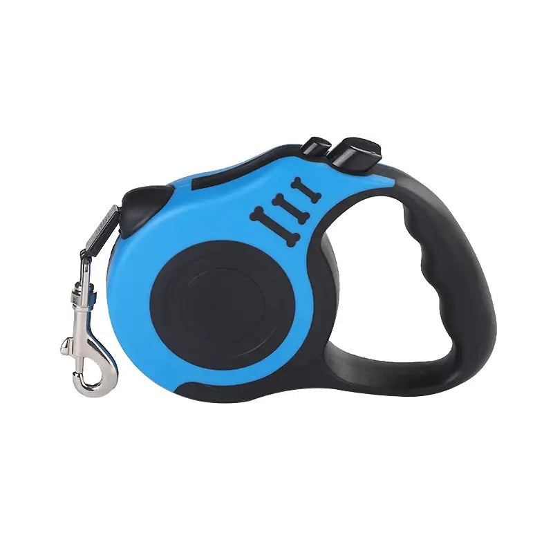 Black and blue retractable dog leash with quick-release button on white background