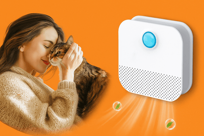 Cat and Owner Relaxing Near Downypaws Odor Purifier – Clean Air for Pet Homes