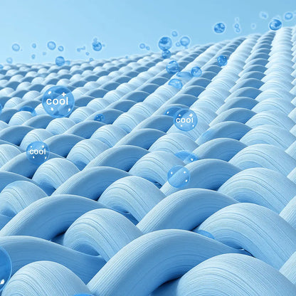 Close-up of breathable cooling mesh fabric with embedded ‘cool’ technology bubbles