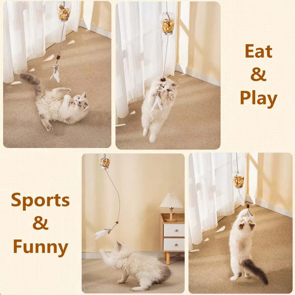 Interactive Cat Toy with Feather, Bell & Food Dispenser