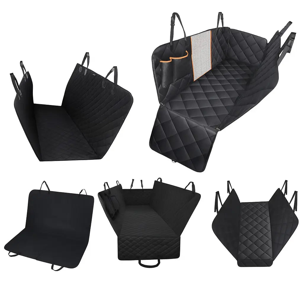 Black quilted waterproof car seat cover for dogs in hammock style – foldable and protective design