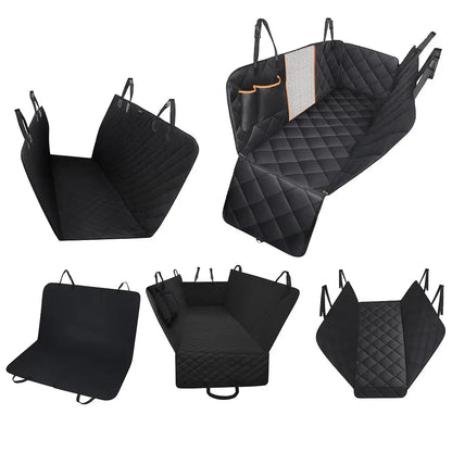 Black quilted waterproof car seat cover for dogs in hammock style – foldable and protective design