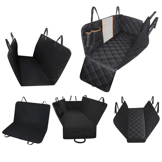 Black quilted waterproof car seat cover for dogs in hammock style – foldable and protective design