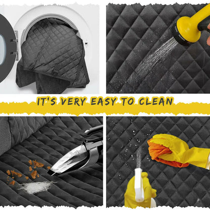 Collage showing black quilted dog car seat cover being cleaned using washing machine, water spray, vacuum, and cloth wipe – labeled ‘It's very easy to clean