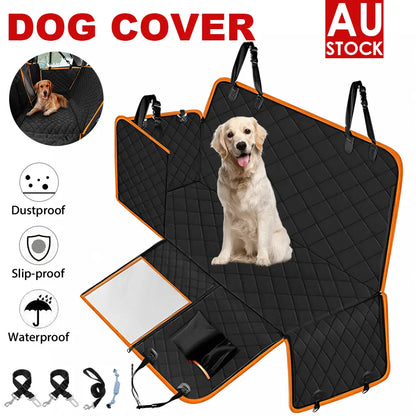 Black quilted dog car seat cover with orange trim, waterproof, slip-proof, and dustproof features – shown with dog and accessories