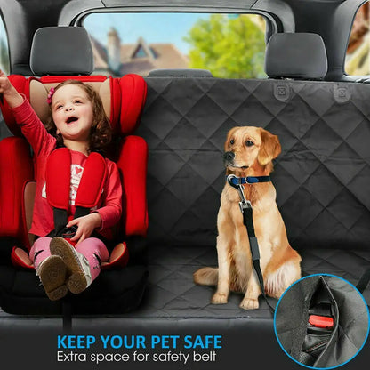 Dog sitting on quilted black car seat cover beside a child in a car seat, highlighting seat belt access and pet safety during travel