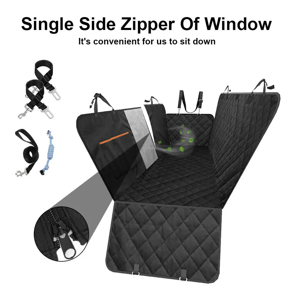 Black quilted dog car seat cover with single side zipper, mesh window, and leash accessory set on white background